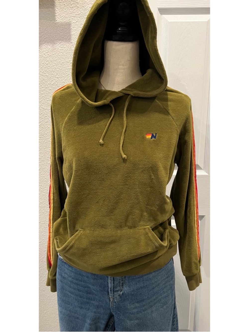 Aviator Nation Olive Hoodie with Orange & Red Sleeve Stripes